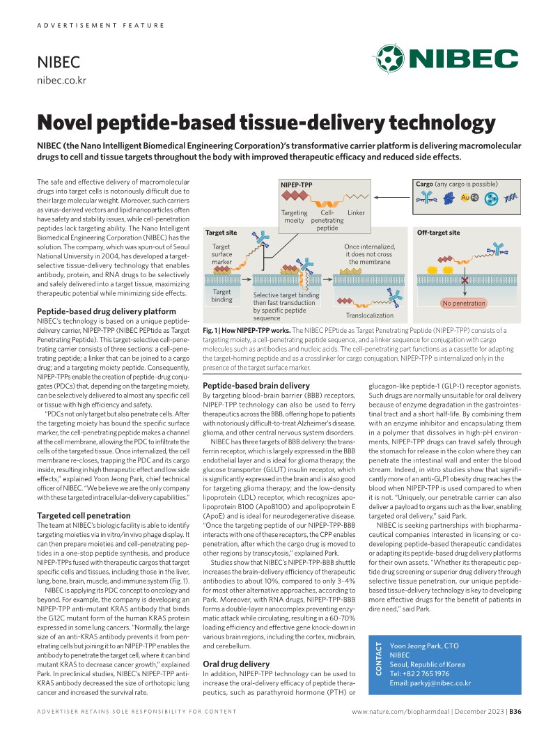 [nature/biopharmdeal] Novel peptide-based tissue-delivery technology_NIBEC